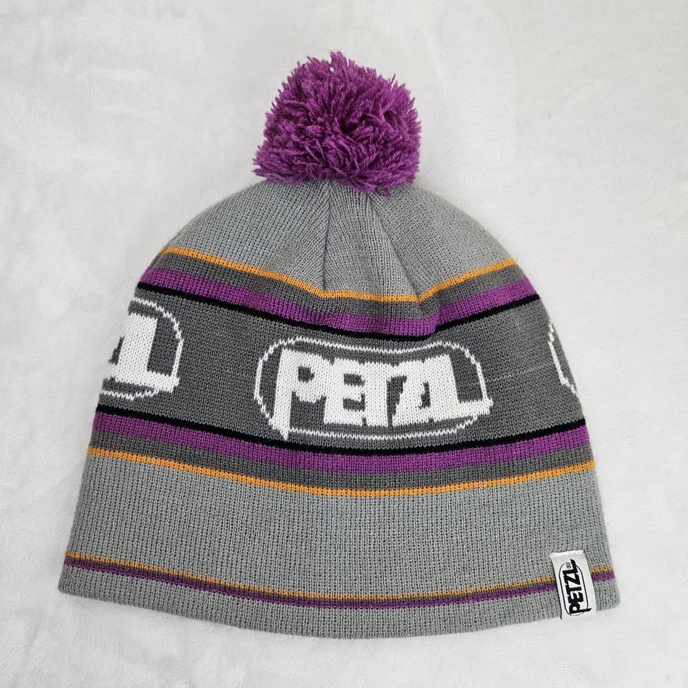 Petzl Pom Beanie Hat Purple and Gray Stripe Winter Cap Rock Climbing Acrylic